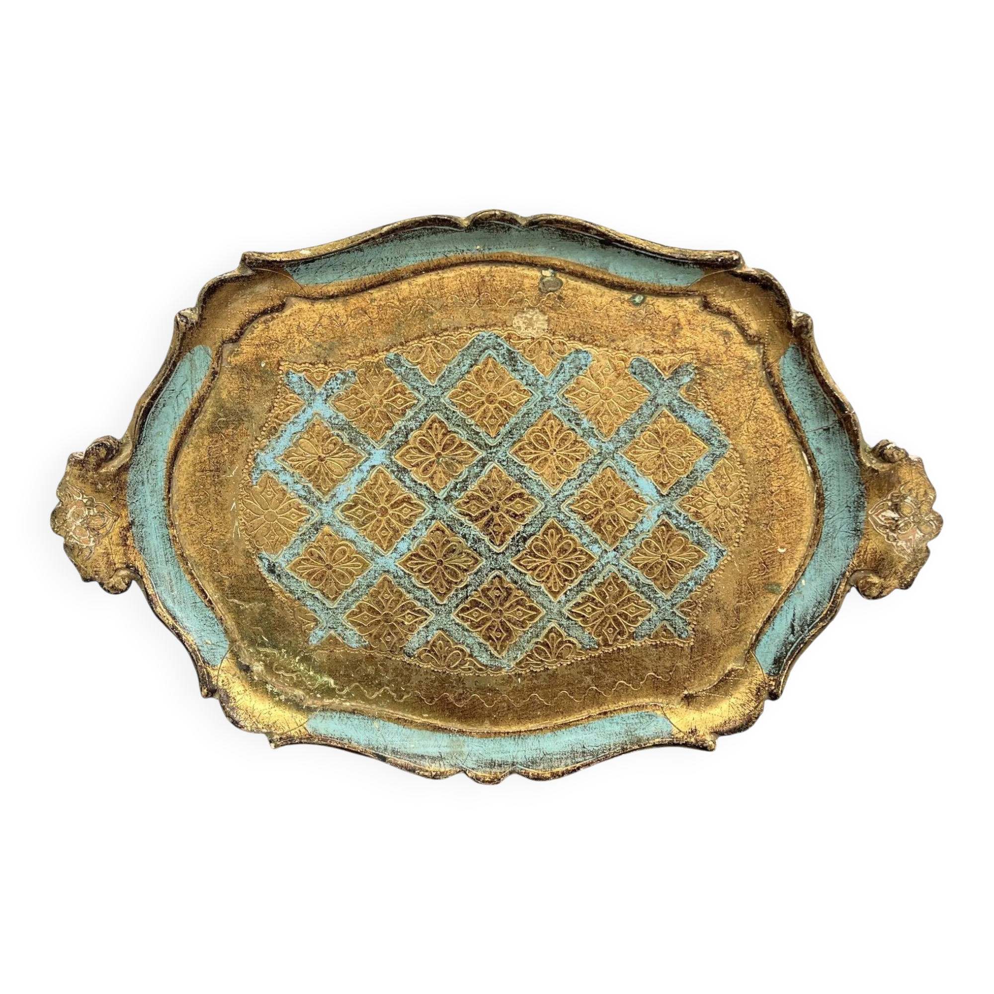 Florentine tray in gilded wood and turquoise with diamond pattern decoration