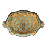 Florentine tray in gilded wood and turquoise with diamond pattern decoration
