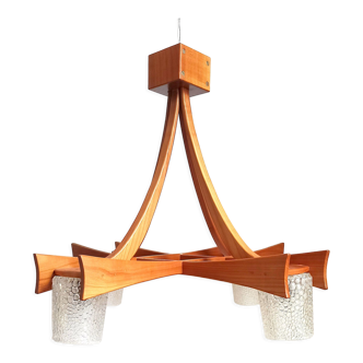 Scandinavian chandelier 4 burners Teak and tulips glass paste 60s Width 70.5 cm