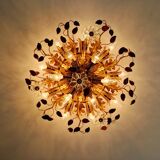 Large floral ceiling light in gilded metal and crystal, Banci Firenze, 1970.