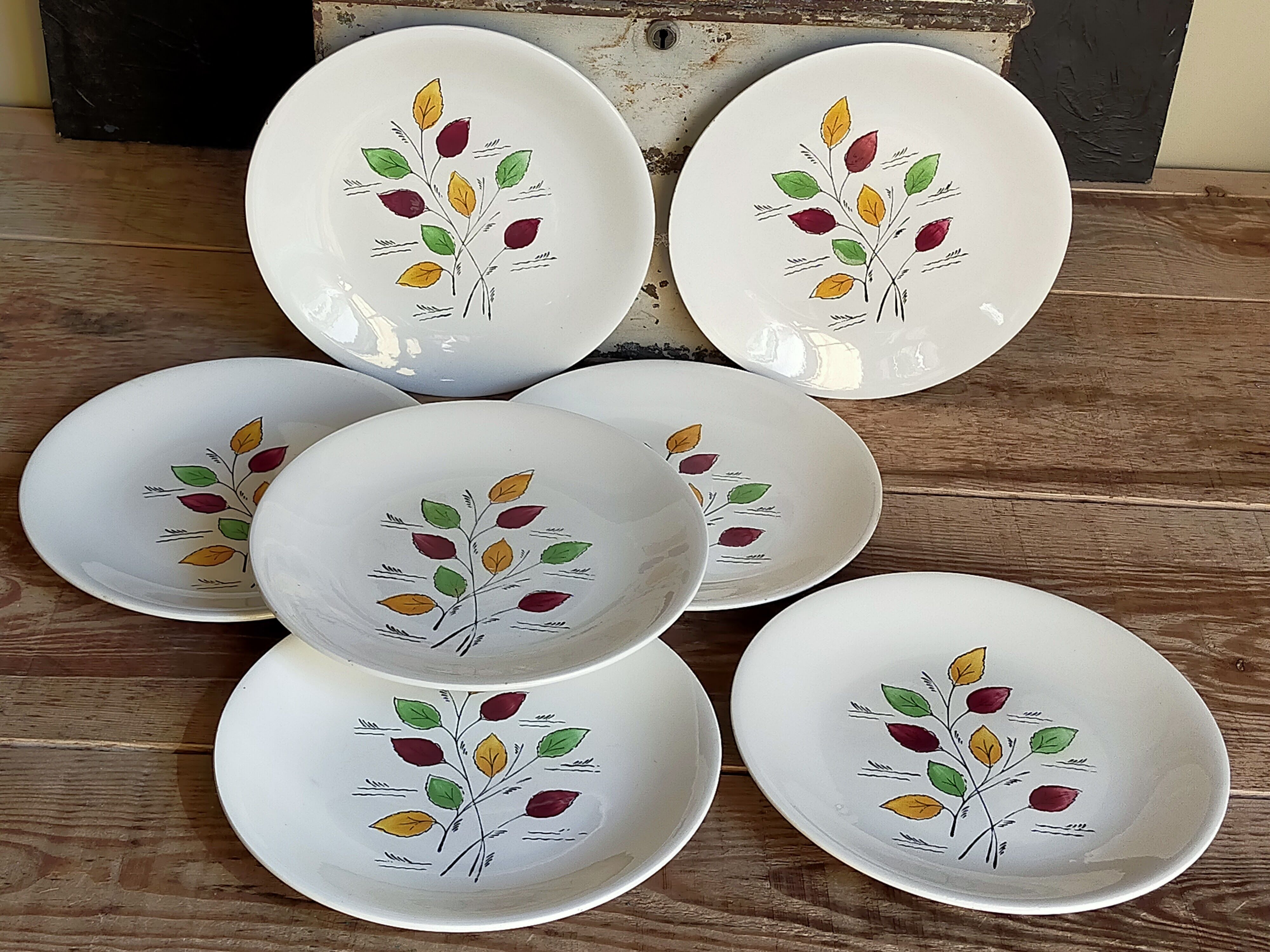Seven vintage plates in fine earthenware from Gien service Gentilly