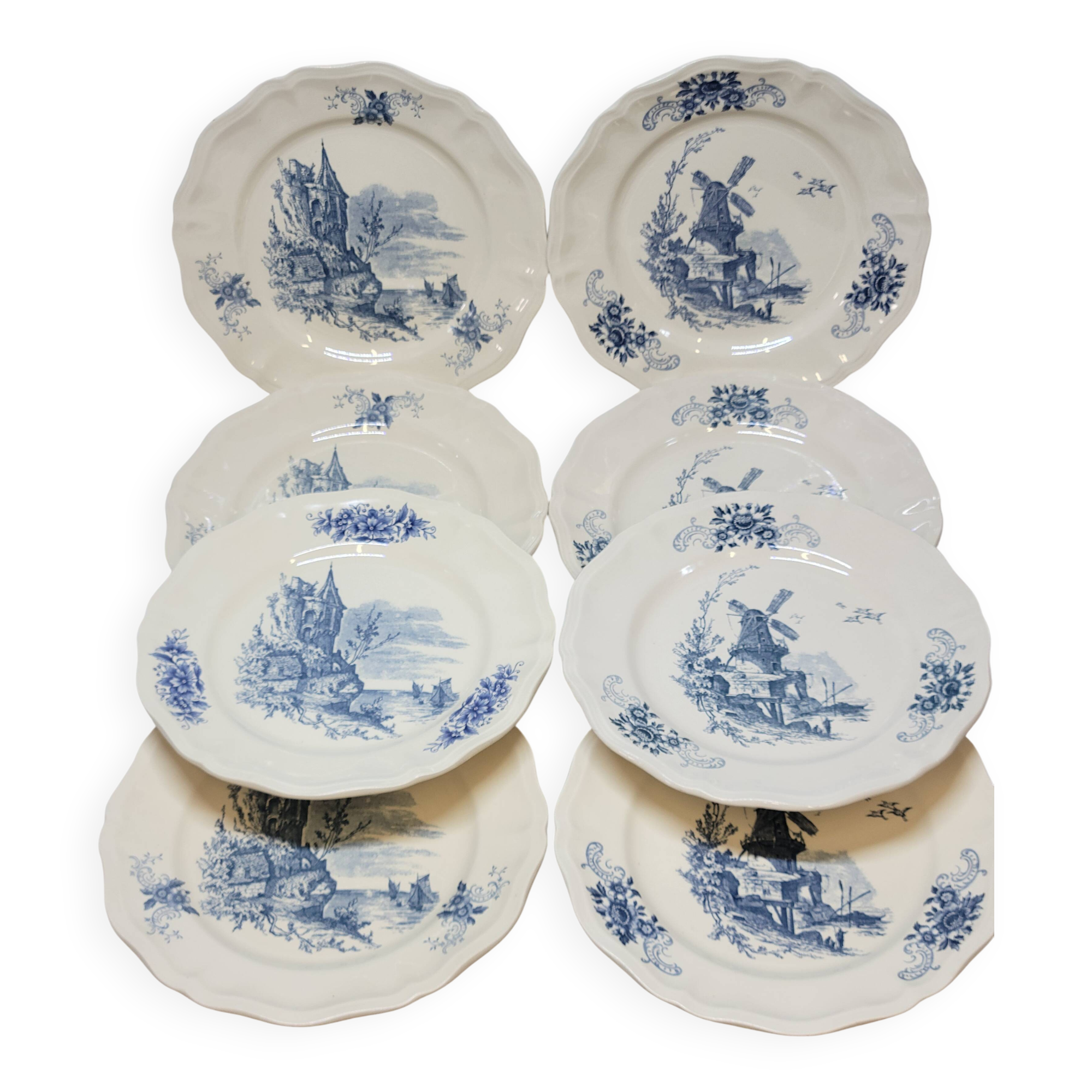 8 Large Vintage Sarreguemines Flanders and Surrey Dinner Plates, White Decor