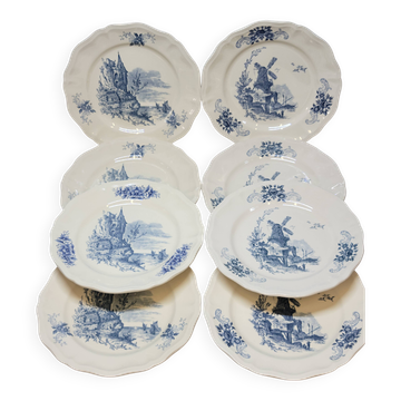 8 Grandes Assiettes Plates Vintage Sarreguemines Flandre Et Surrey Décor Bl