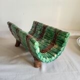 Dish and Asparagus Drainer in Green Barbotine Earthenware