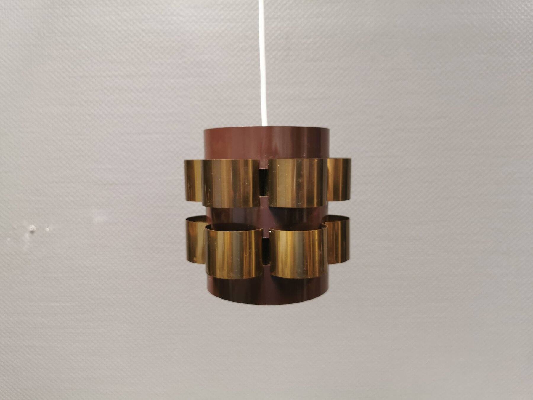 Danish cylindrical hanging lamp in brown and gold 1980s