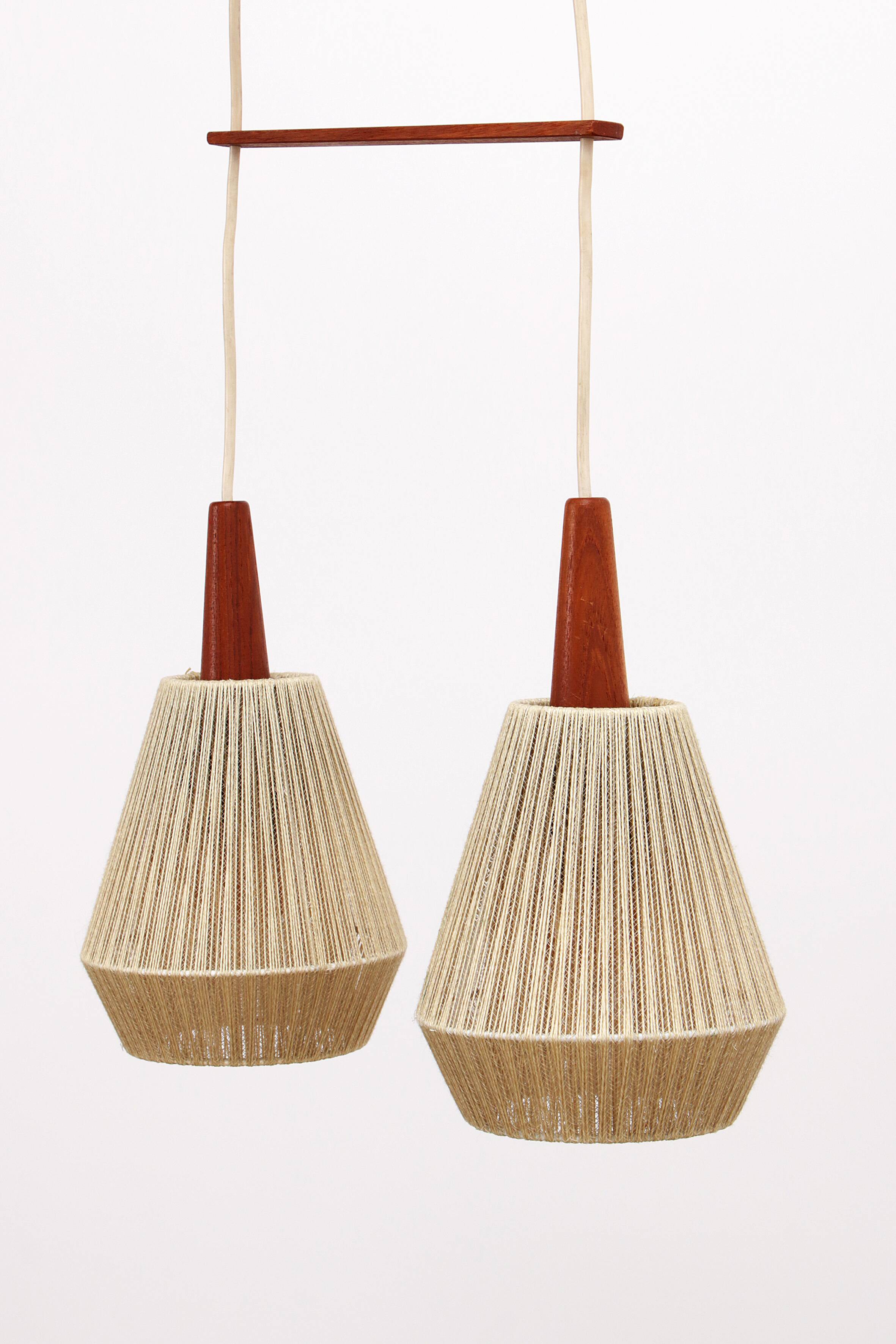 Vintage hanging lamp with two shades and teak, 1960s Sweden