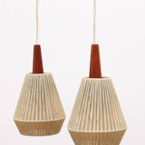 Vintage hanging lamp with two shades and teak, 1960s Sweden