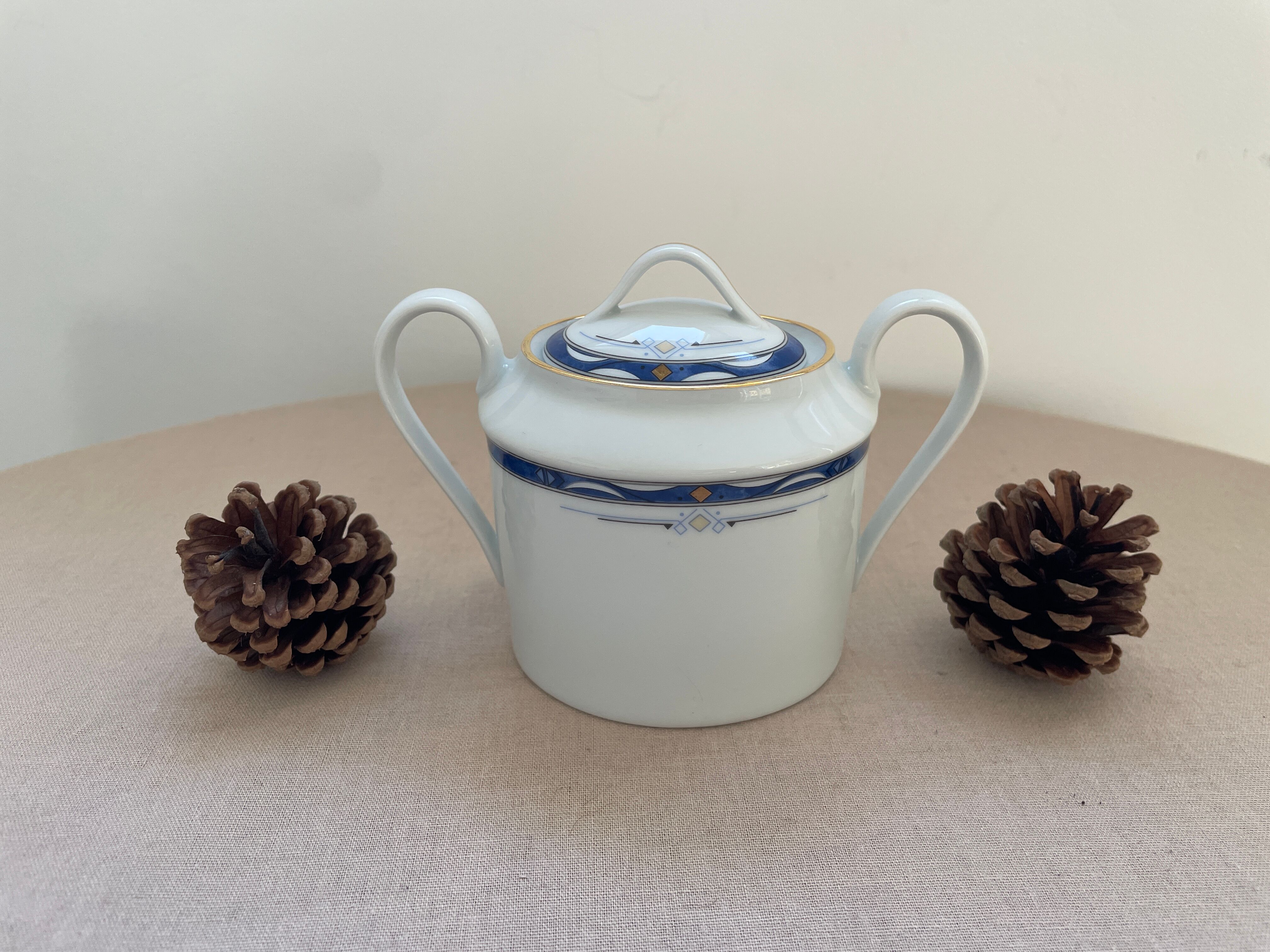 Vintage sugar bowl in cobalt blue and gold Limoges porcelain.