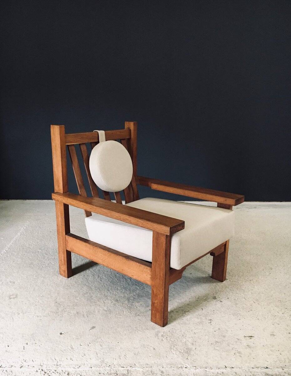 Brutalist Square Oak Lounge Chair, Belgium, 1950s