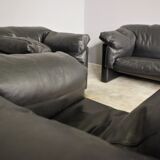 Moroso sofa set and armchairs in black leather, 1984