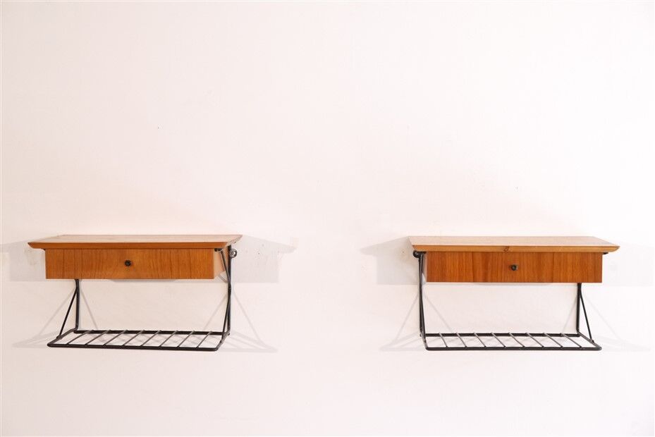 Pair of Scandinavian bedside tables to hang in teak 1960