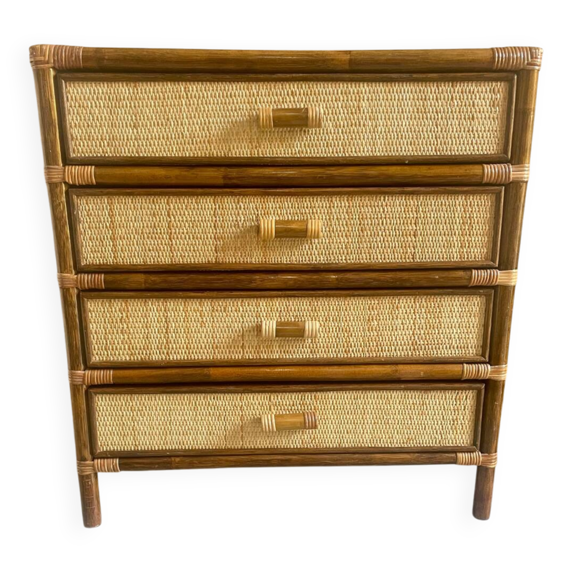 Vintage 4-drawer chest of drawers from 1970, rattan and bamboo, excellent condition.