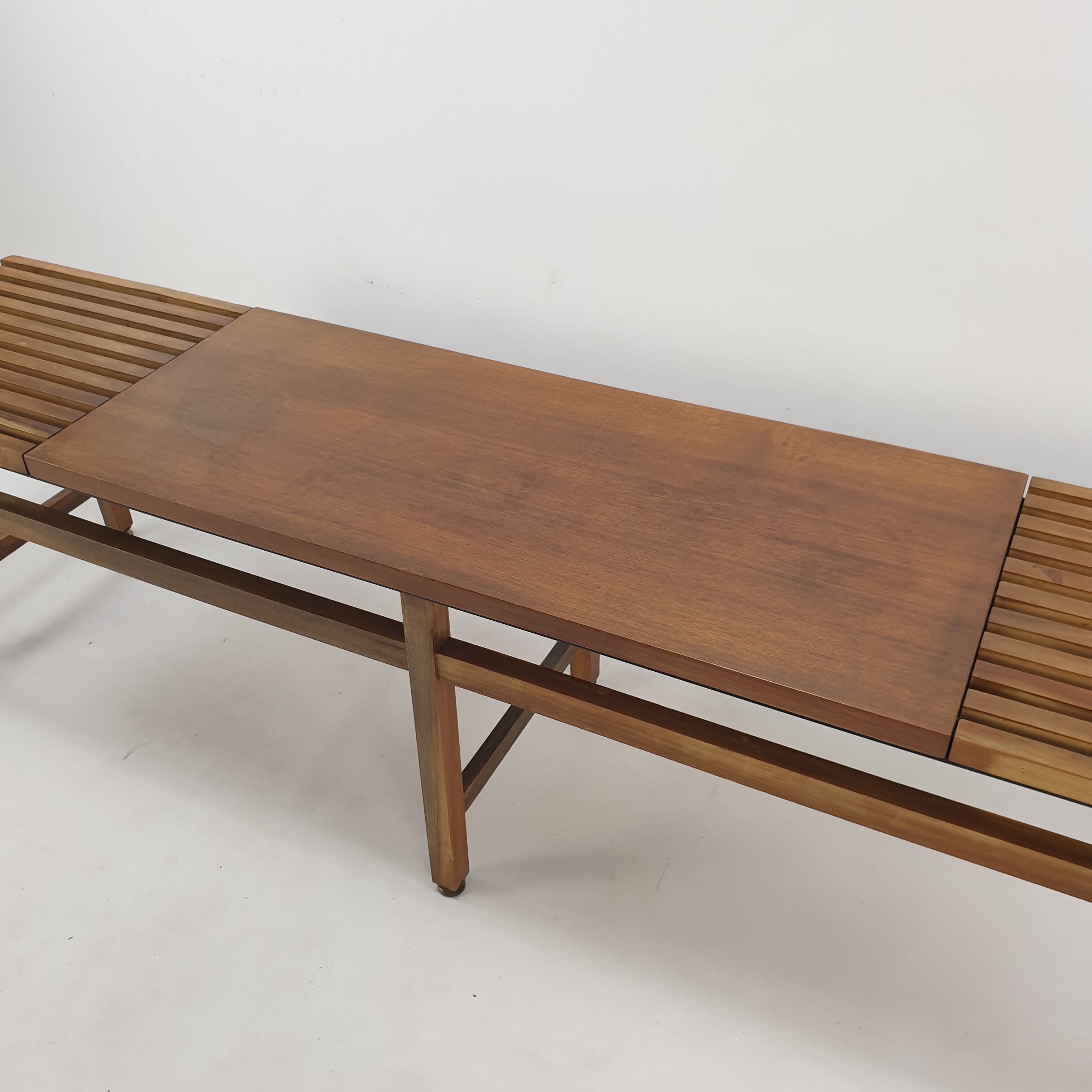 Bench in walnut and teak with brass feet, italy 1950s