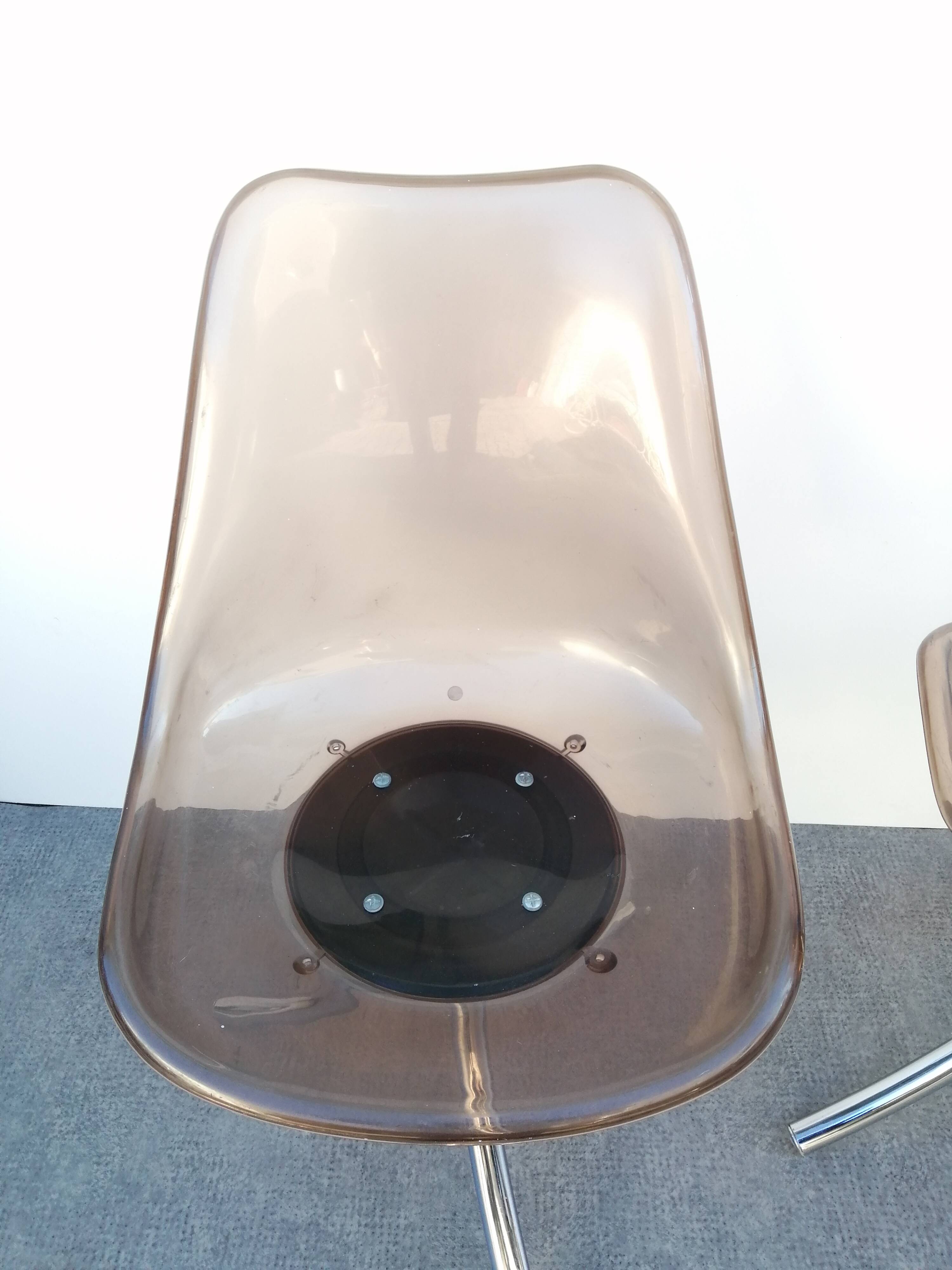 Pair of designer altuglas chairs, chrome base, vintage 1970