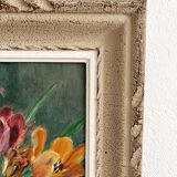 Tableau peinture ancienne huile sur panneau bouquet de fleurs tulipes