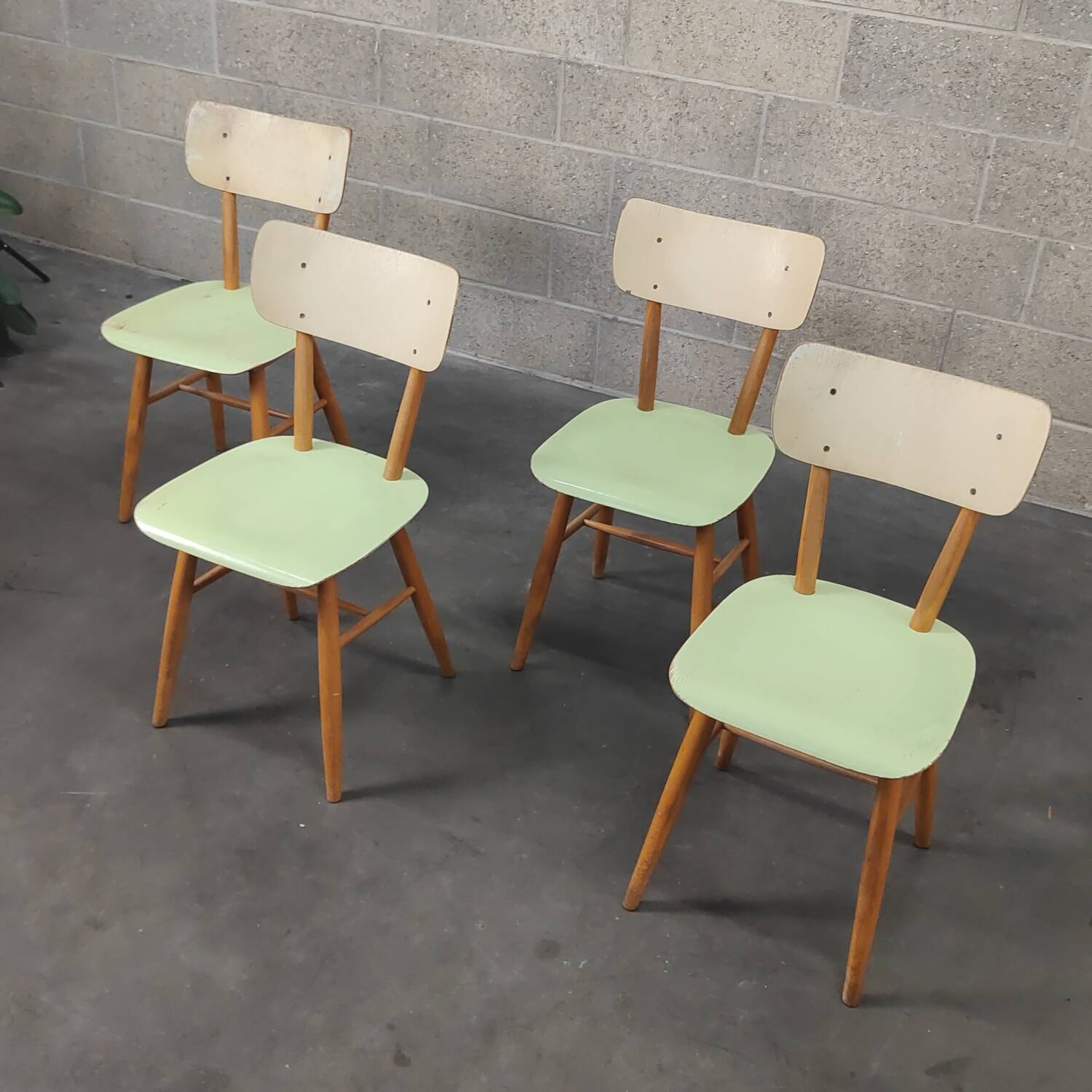 Lot de 4 chaises TON en bois , vert pastel et crème 1960