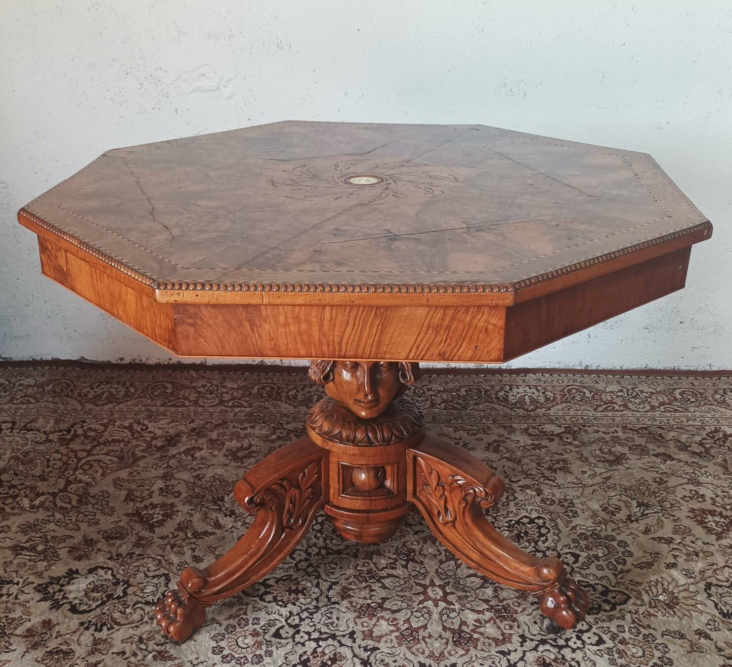 Napoleon III octagonal centre table in marquetry walnut.
