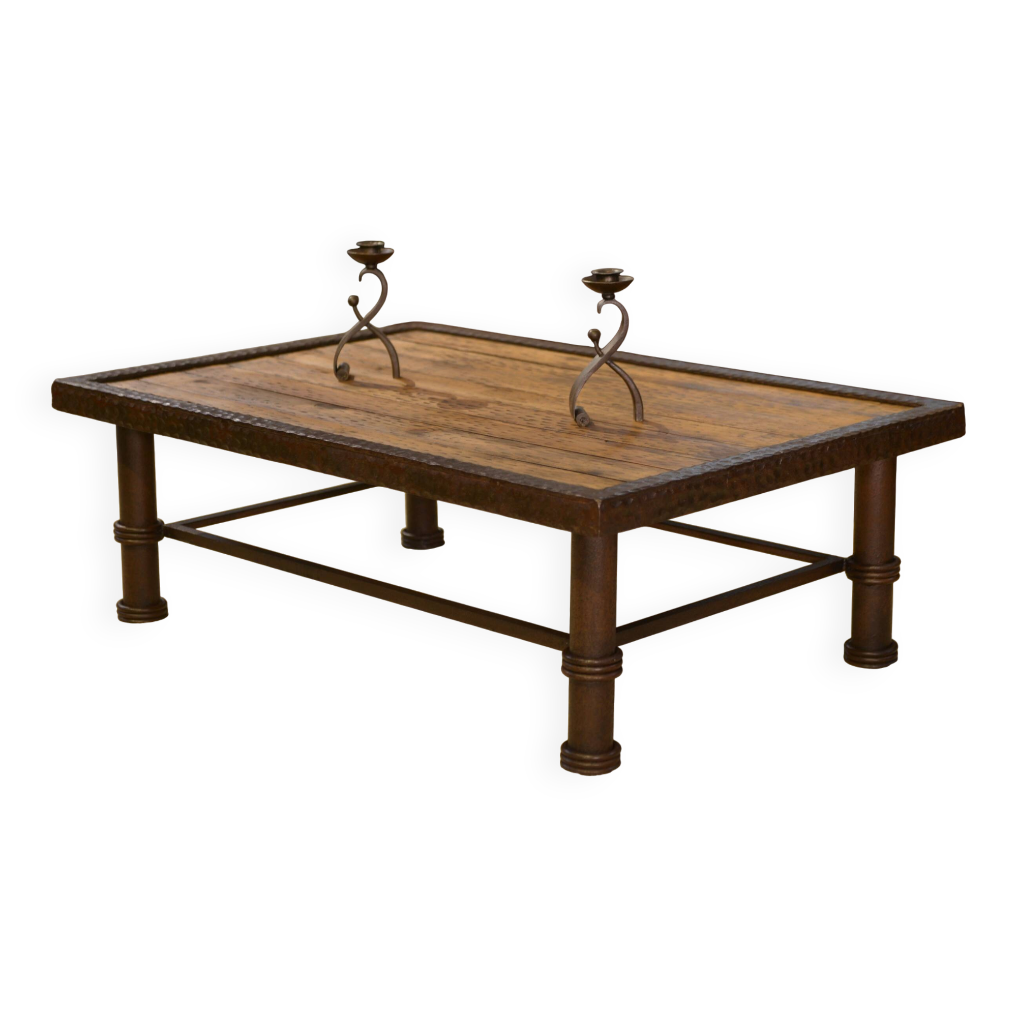 Table basse brutaliste bois et fer forgé 1960’s
