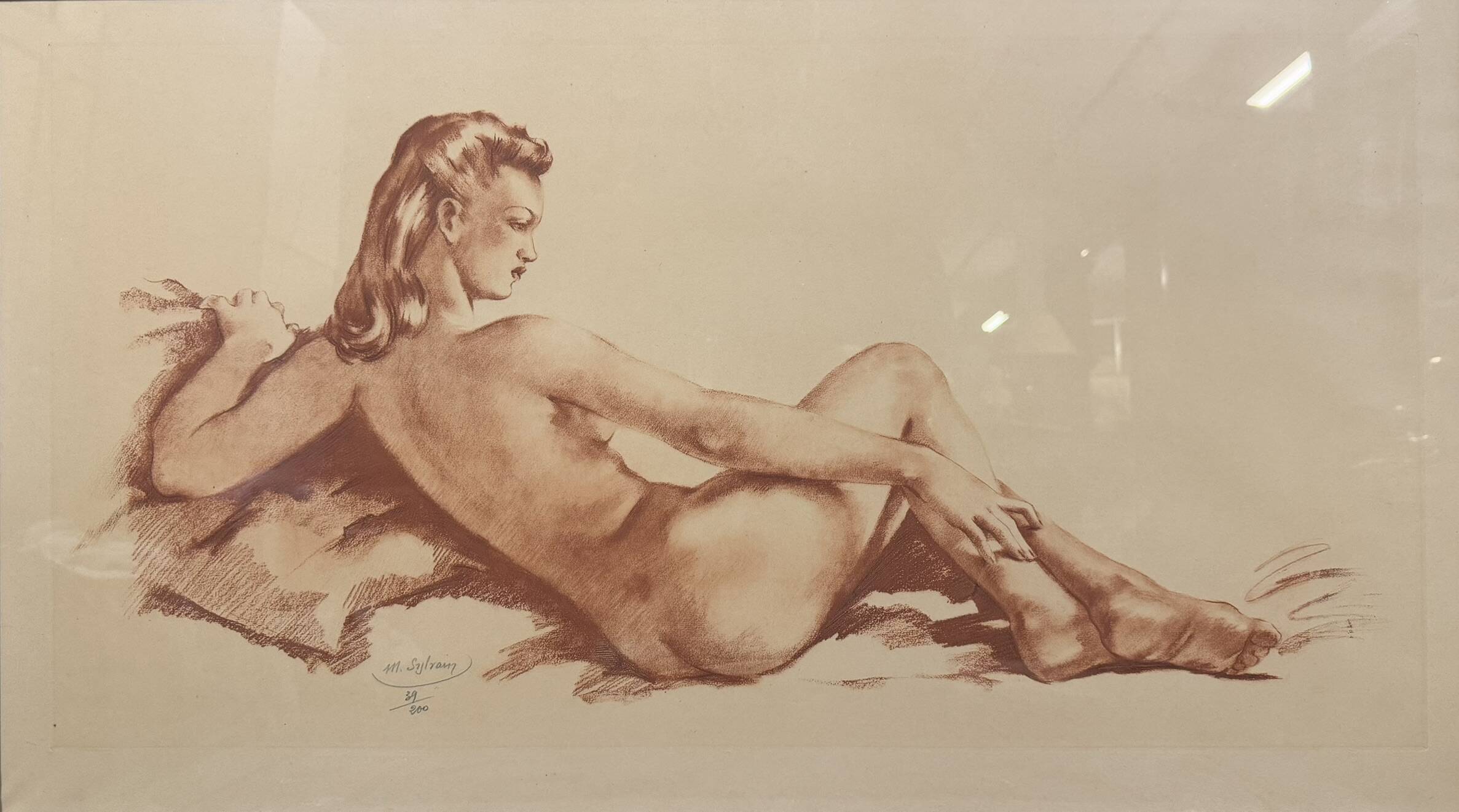Painting / nude by Mr. Sylvain: red chalk from the Art Deco period signed around 1940