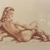 Painting / nude by Mr. Sylvain: red chalk from the Art Deco period signed around 1940