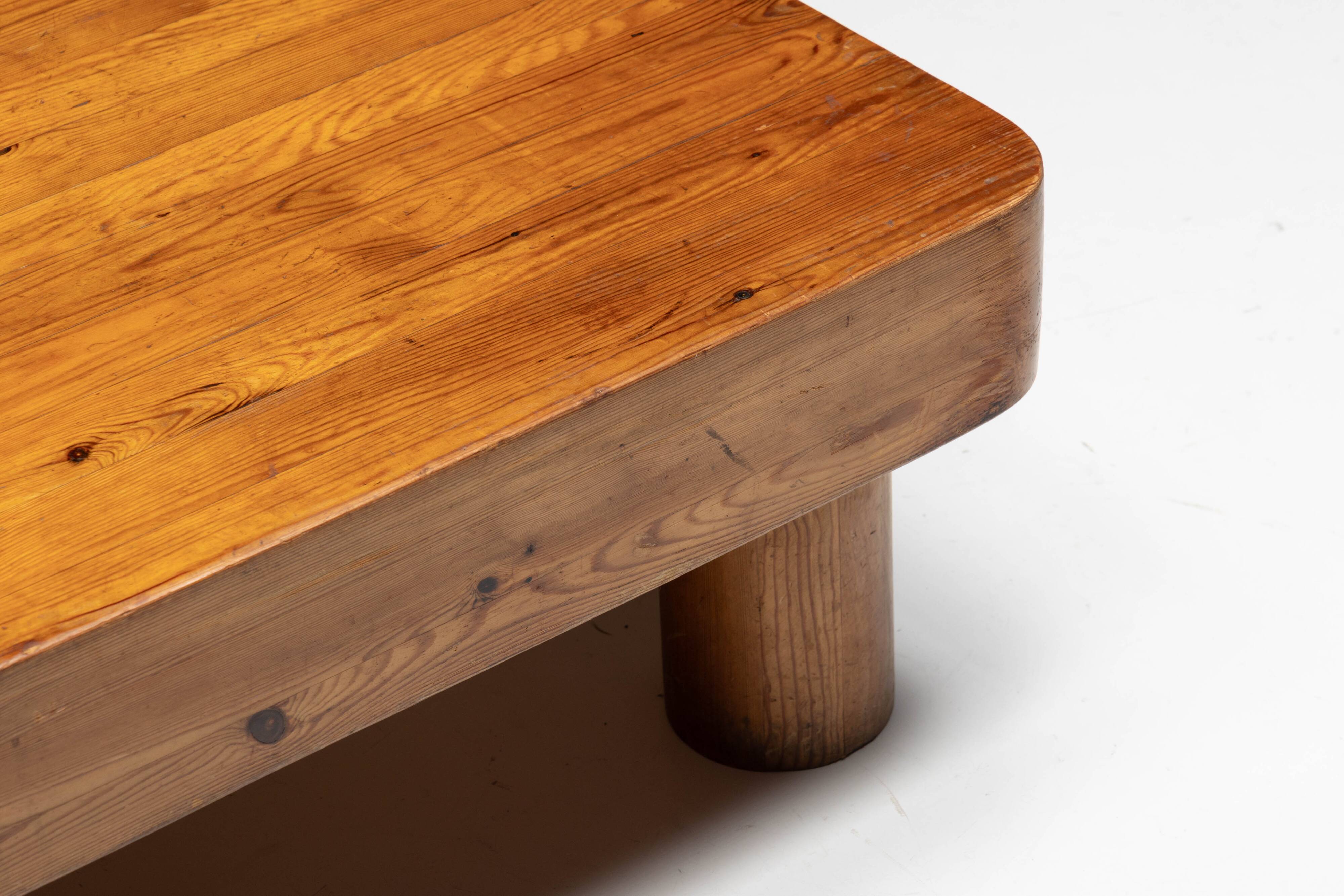 Brutalist pine low coffee table, France, 1960s