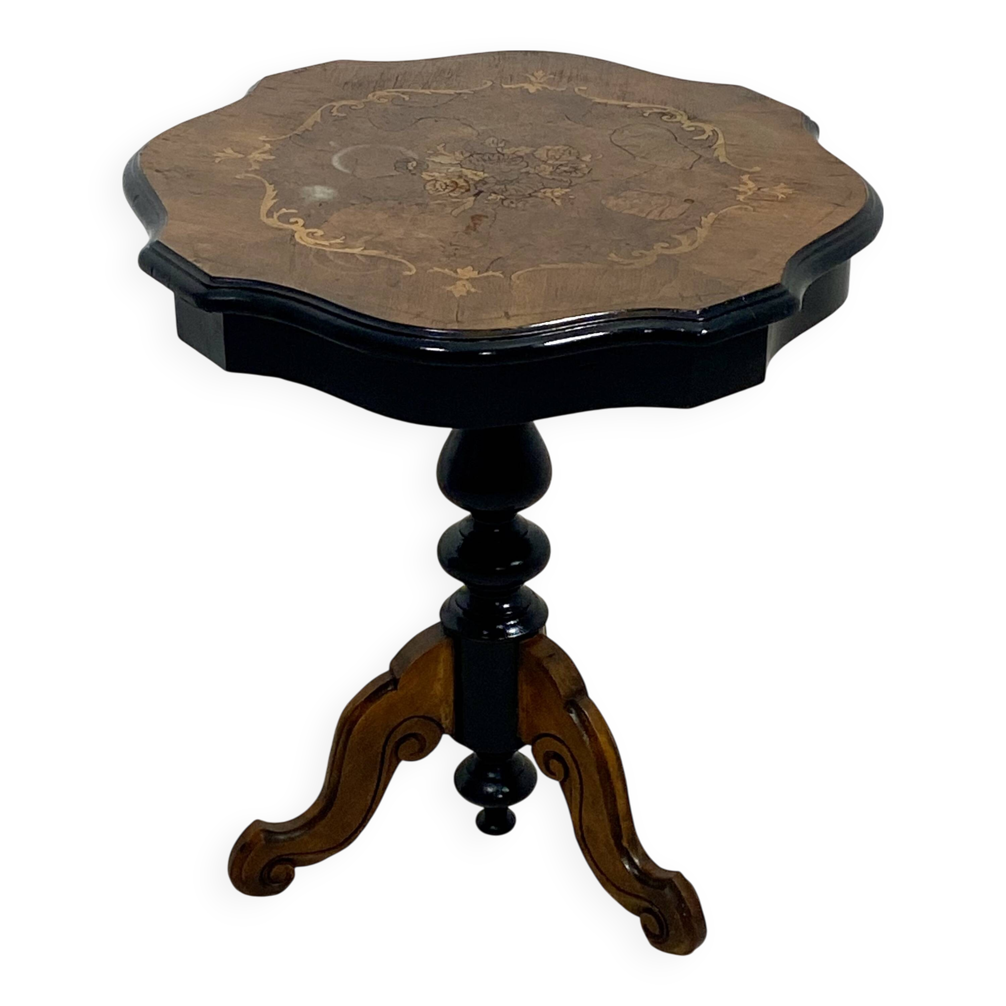 Two-tone black and mahogany pedestal table with mahogany veneer