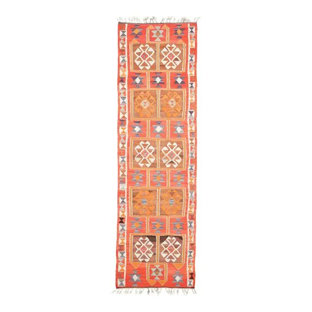 1970s Vintage Turkish Hand-Knotted Wool Cotton Red Runner Rug 96x320