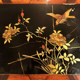 Series of three nesting tables, lacquer decorated with trendy birds and marquetry. circa 1900