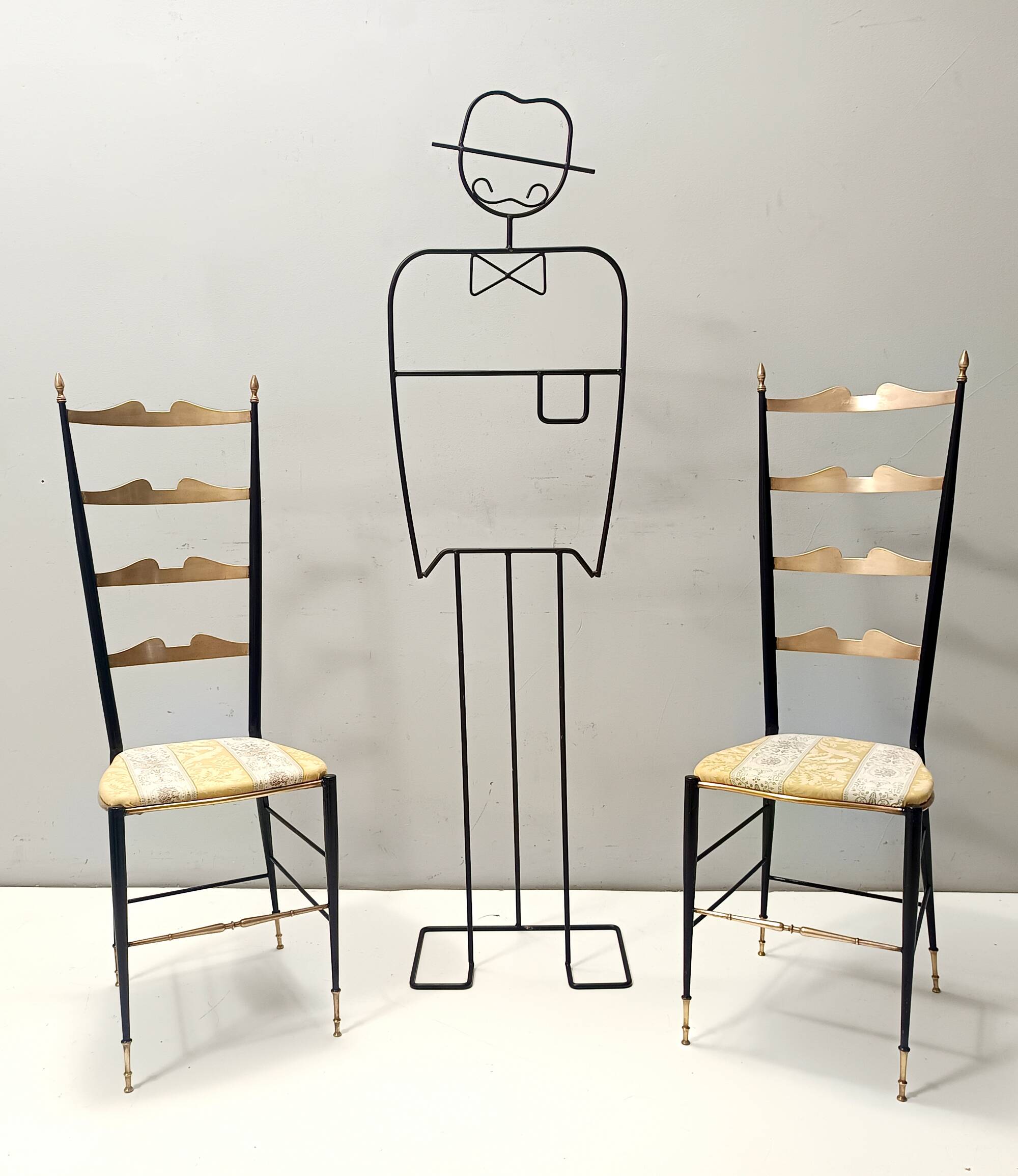 Pair of Vintage Brass and Metal Chiavarine Chairs with Yellow Fabric, Italy