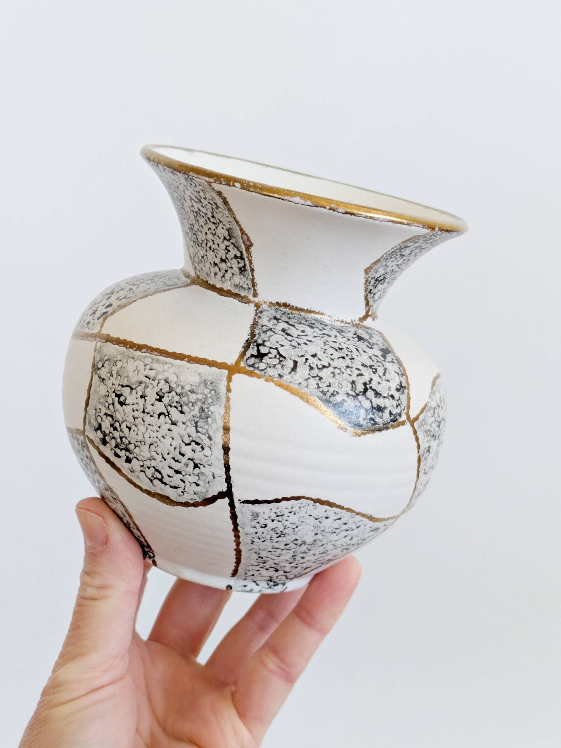 Midcentury German West Vase, Ü geometric black and white ceramic