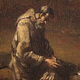 Antique Genoese painting from the 18th century, monks praying in a cave