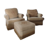 Duo of armchairs and Ottoman in embroidered velvet, Jean Prévost, 70s, vintage