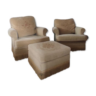 Duo of armchairs and Ottoman in embroidered velvet, Jean Prévost, 70s, vintage