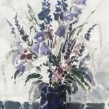 1983 Modern "Flowers & Shell" Swedish Floral Still Life Oil Painting, Framed