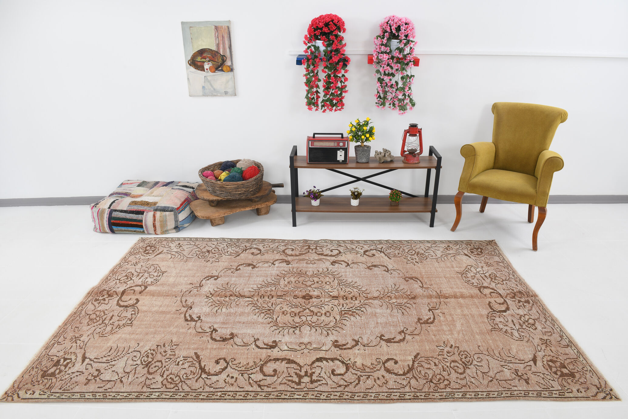 5x9 hand knotted brown vintage tapis rug, 276x160cm