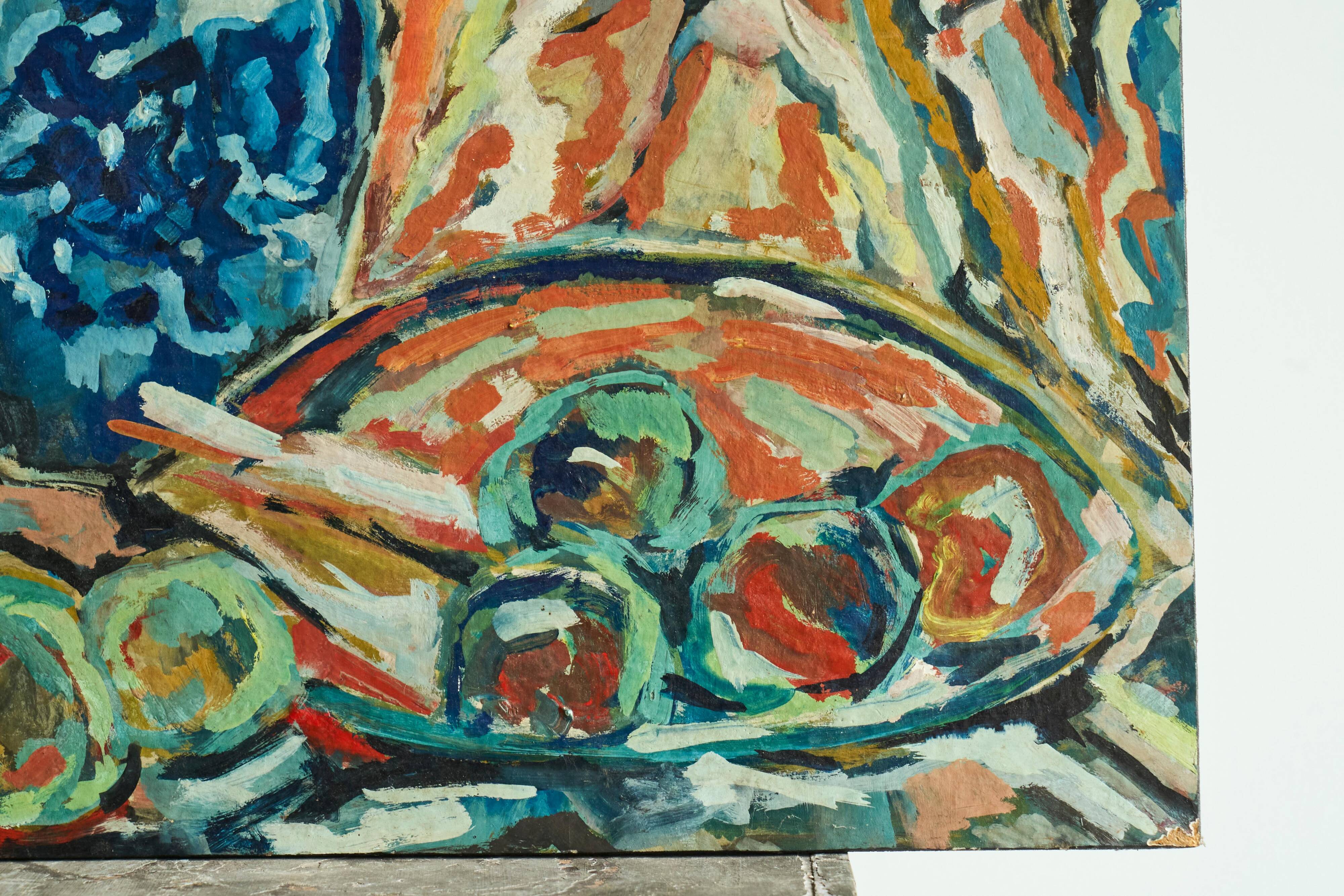 Scène de table moderniste, huile sur carton, années 1960