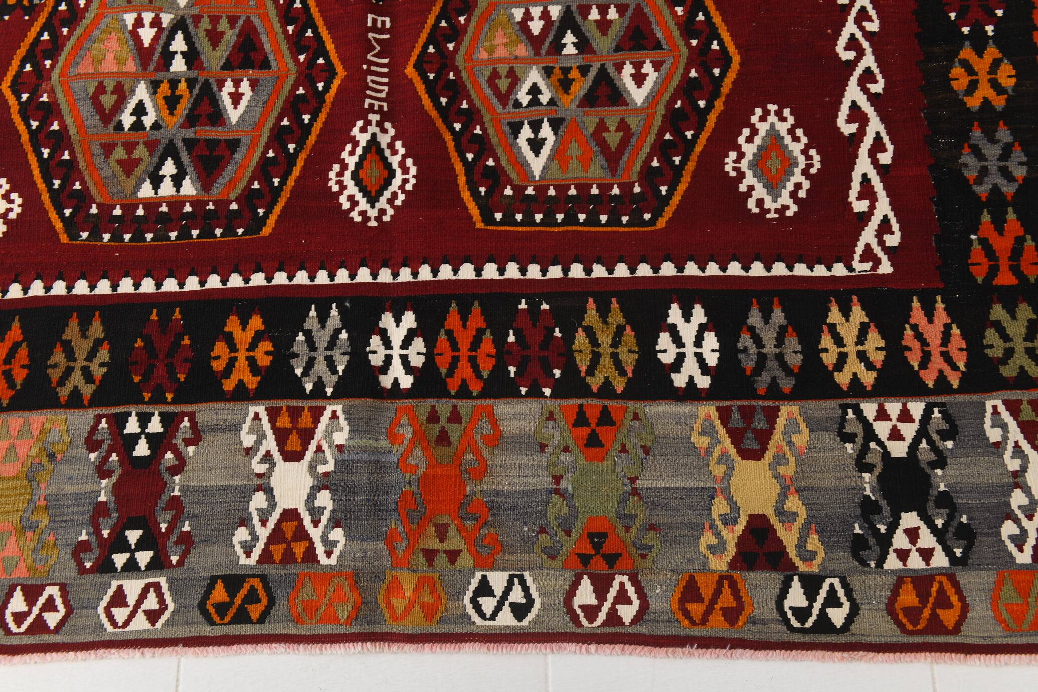 6x15 Wine Red & Green Vintage Kilim Rug, 198x468Cm