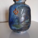 Vase with 2 small fleur-de-lis - glazed terracotta, cobalt
