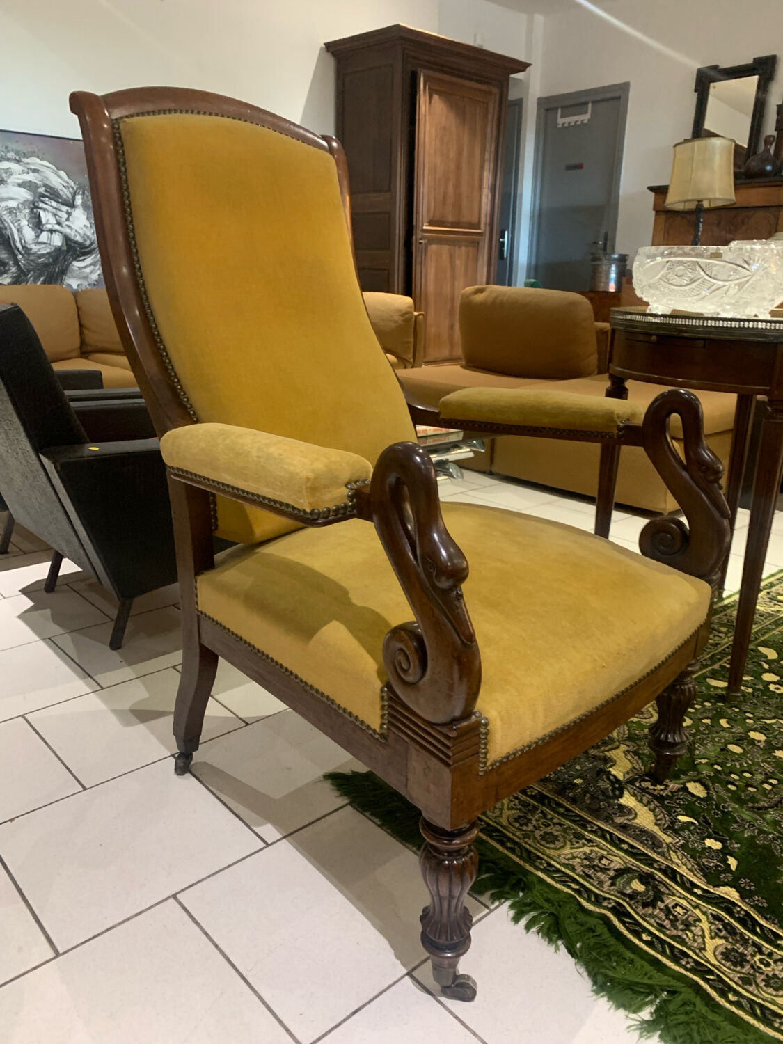 Antique armchair, Voltaire, styled swan neck restoration