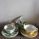 2 cups saucers Square Yellow Green Vintage