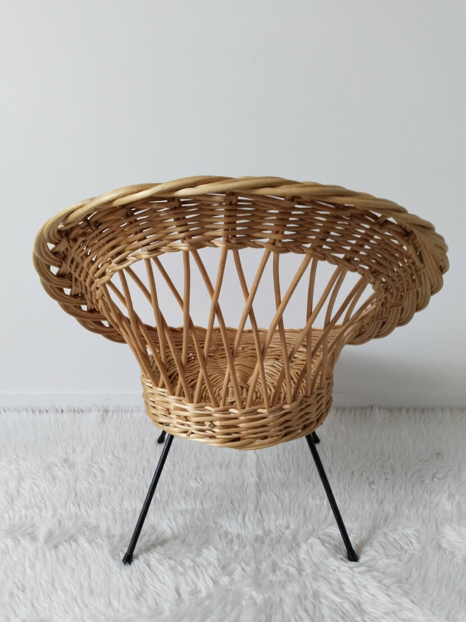 Children's rattan basket armchair, metal compass legs (n2)