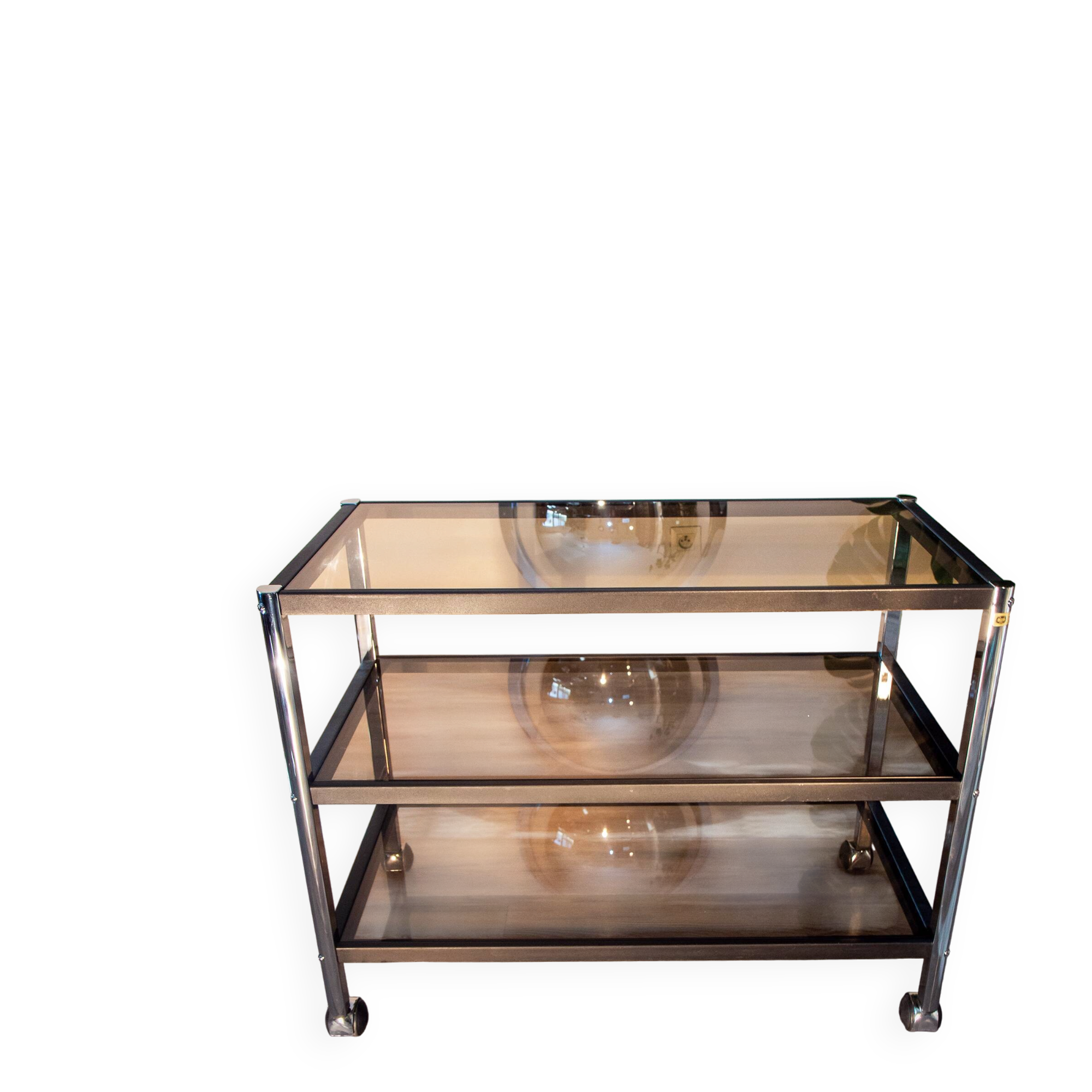 ERARD console (France), black metal and smoked glass side table, 1980.