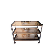 ERARD console (France), black metal and smoked glass side table, 1980.