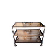 Console ERARD (France), table d'appoint métal noir et verre fumé, 1980