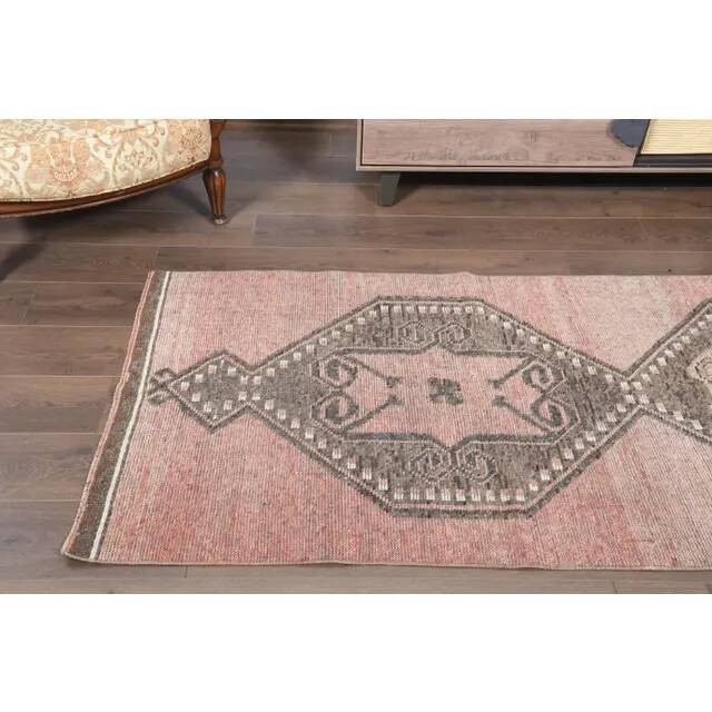 1970s Turkish Oushak Handmade Wool Cotton Pink Runner Rug 100x349