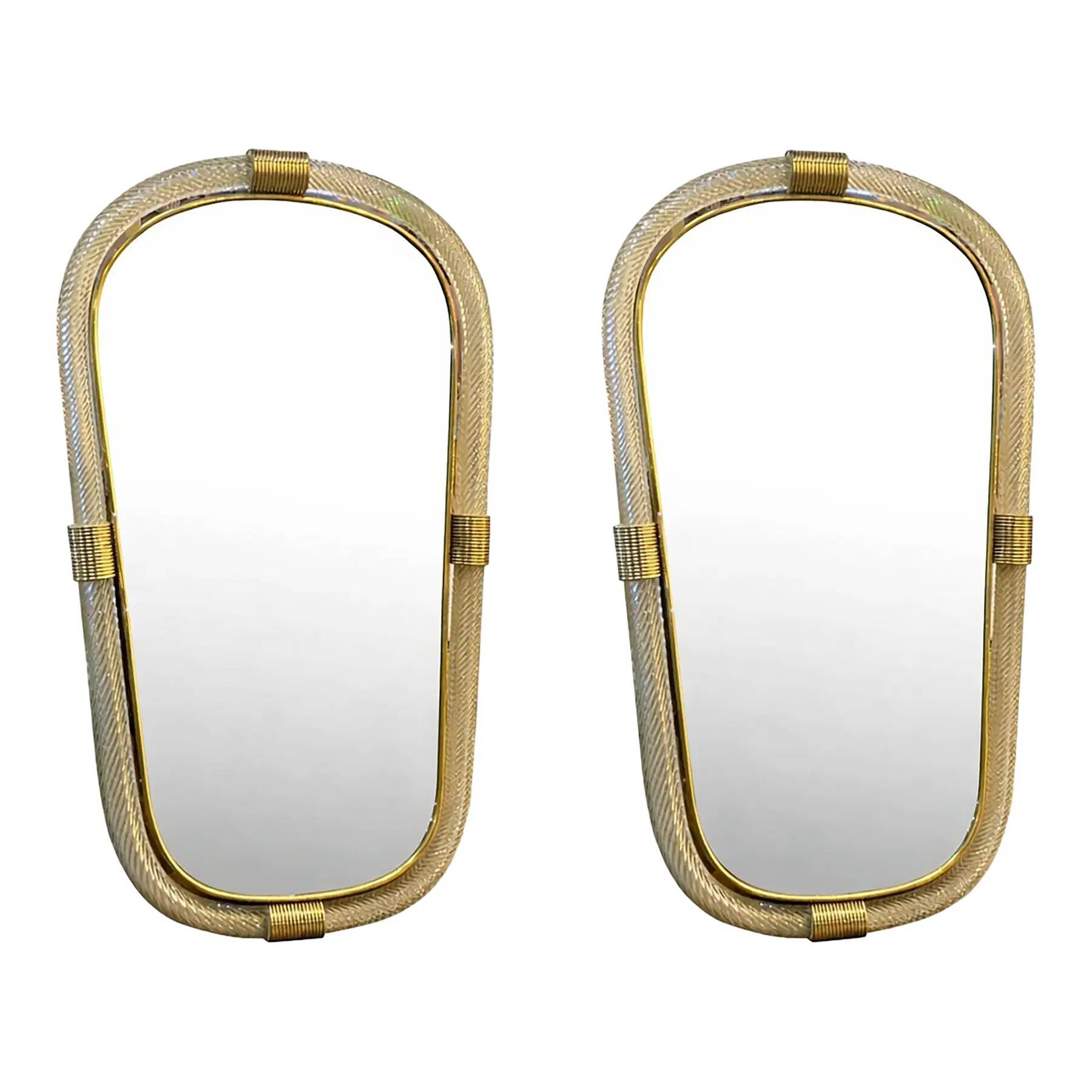 Elegant Pair of Murano Glass Mirrors in Gold Leaf, Italy, “Torciglione” Design