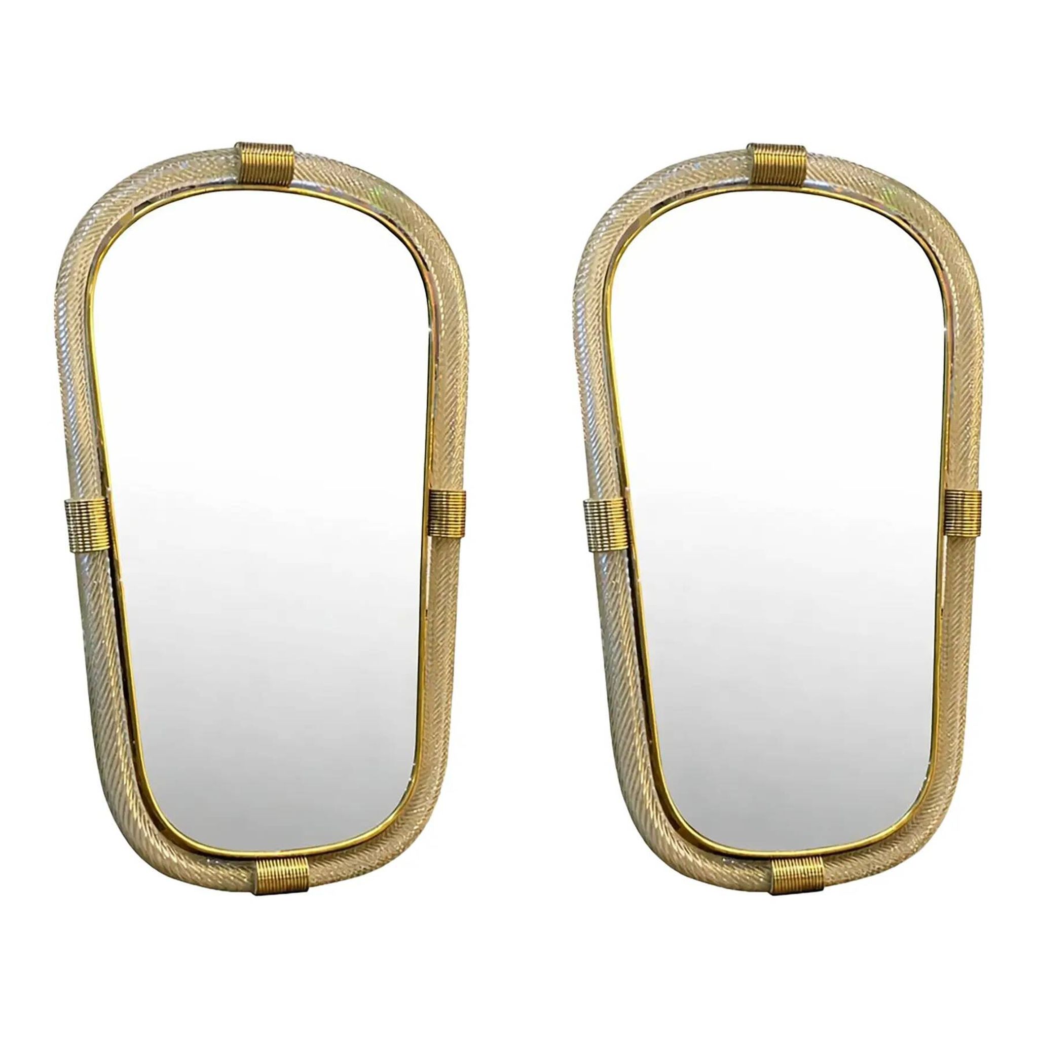Elegant Pair of Murano Glass Mirrors in Gold Leaf, Italy, “Torciglione” Design