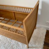 Vintage wooden baby cot and rattan strap