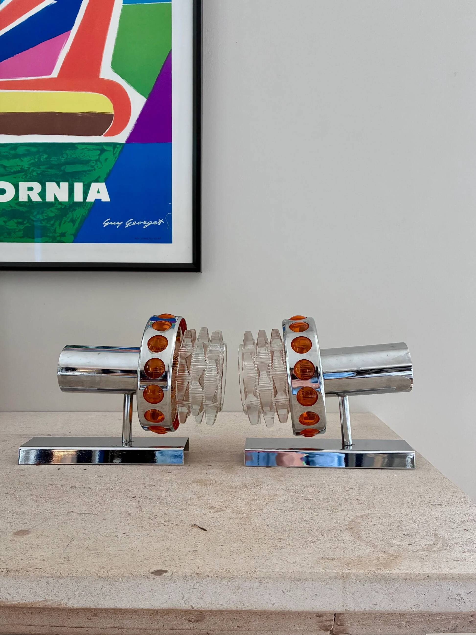 Pair of "Turbines" wall lights in metal and glass - 1970.