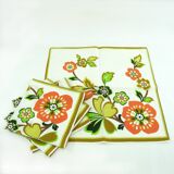 4 cotton napkins - orange and green floral pattern - vintage 70s